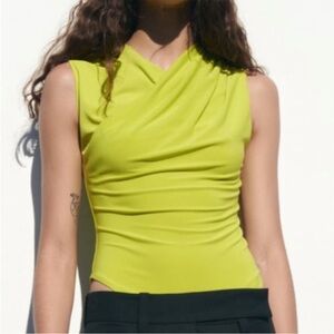 Zara Drapped collard lime green Bodysuit Sz L
